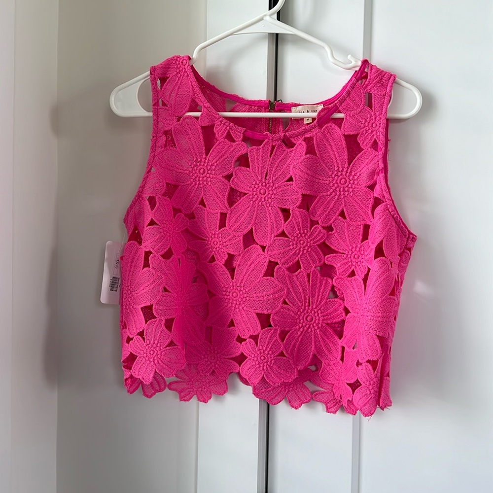 Bright Pink floral cut out crop top